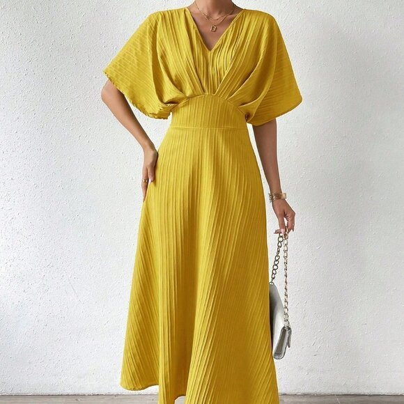 Yellow Elegant Women's Solid Batwing Sleeve A-line Dress - Picture 3 of 5